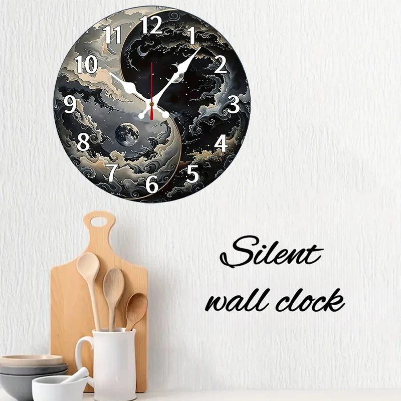 Celestial Yin-Yang Silent Wall Clock – 10-Inch Round Wooden Home Decor