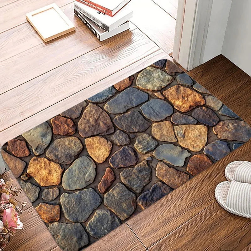 Stone & Floor Tile Print Waterproof Non-Slip Door Mat – Absorbent Quick-Dry Flannel Rug for Indoor & Outdoor Home Use