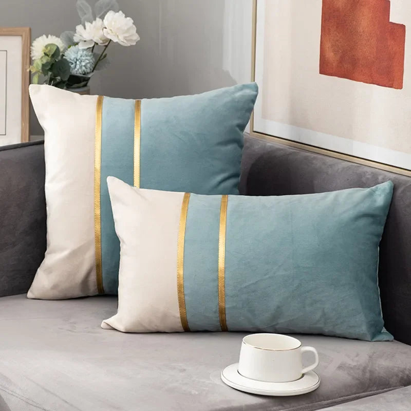 Blue and Green Color-Block Velvet Pillow Cover with Gold-Tone Stripes, Square or Lumbar