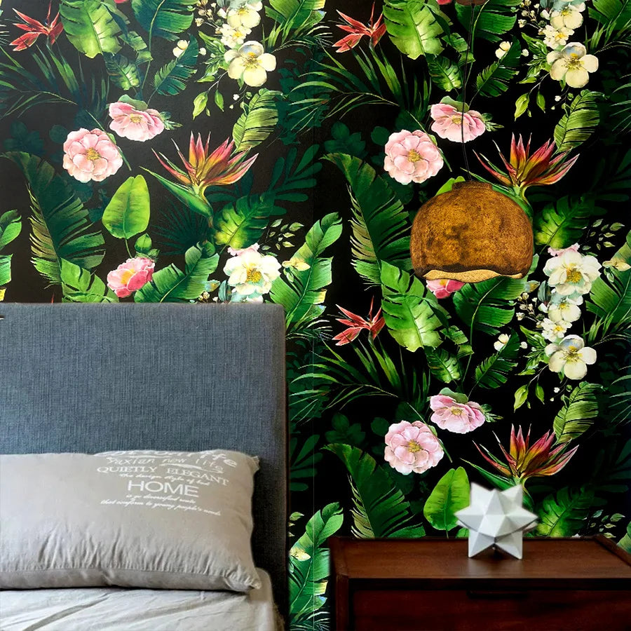 Tropical Rainforest Green Floral PVC Peel-and-Stick Wallpaper for TV Background Walls