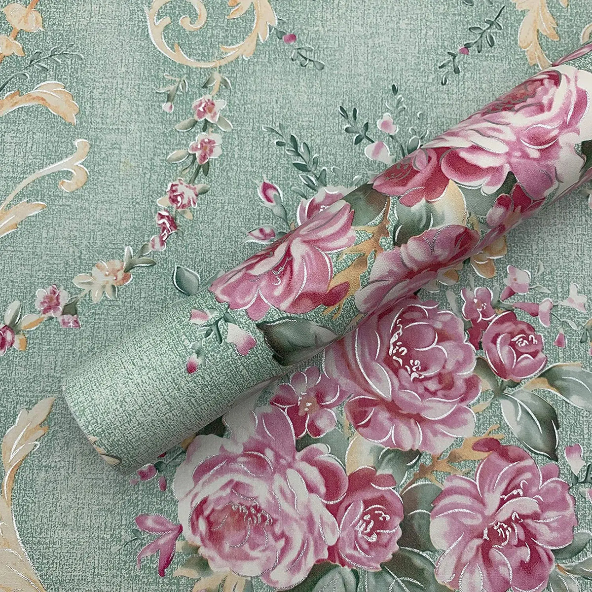 Green Floral Waterproof PVC Peel-and-Stick Wallpaper – Removable Vintage Contact Paper