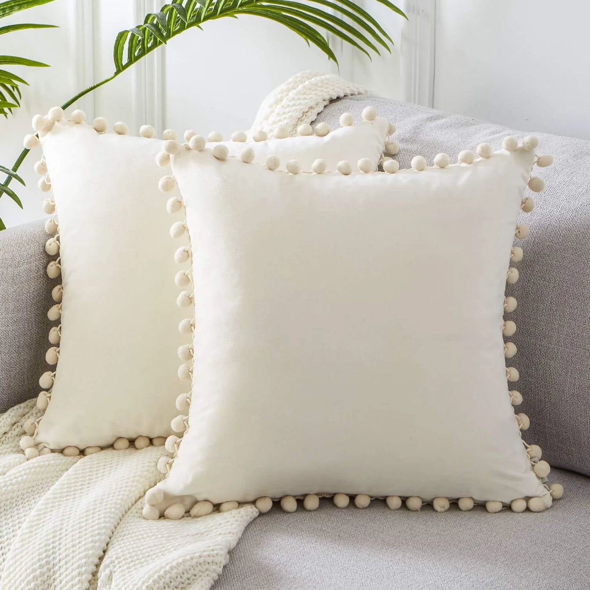 Neutral Cream and Gray Velvet Pom-Pom Throw Pillow Cover, 15.75–19.69 in, Cover Only