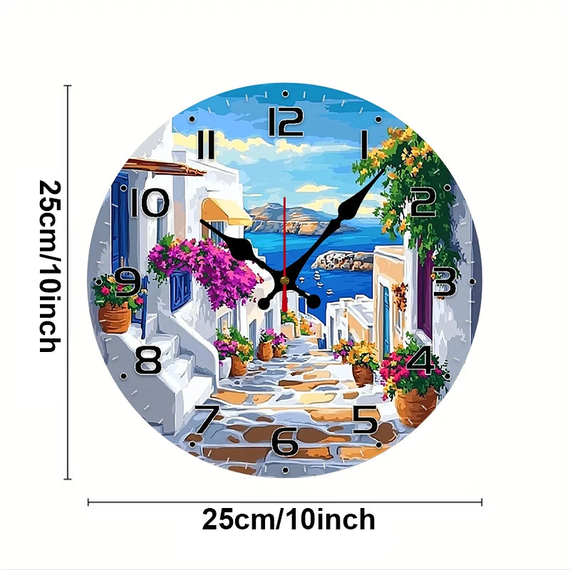Mediterranean Street Silent Wall Clock – 10-Inch Round Wooden Home Decor