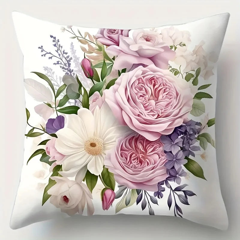 Pink Rose Bouquet Polyester Pillow Cover – Single-Sided Print, 15.75–23.62 in Square, 1 Piece
