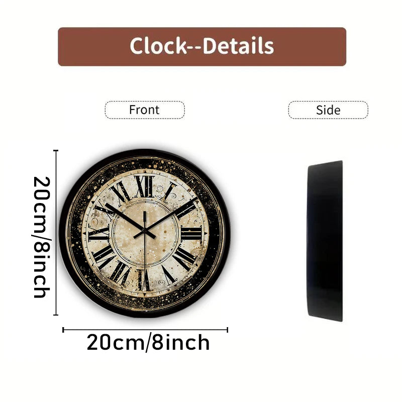 Vintage Roman Numeral Wall Clock – 8 in, Silent, Tempered Glass Face