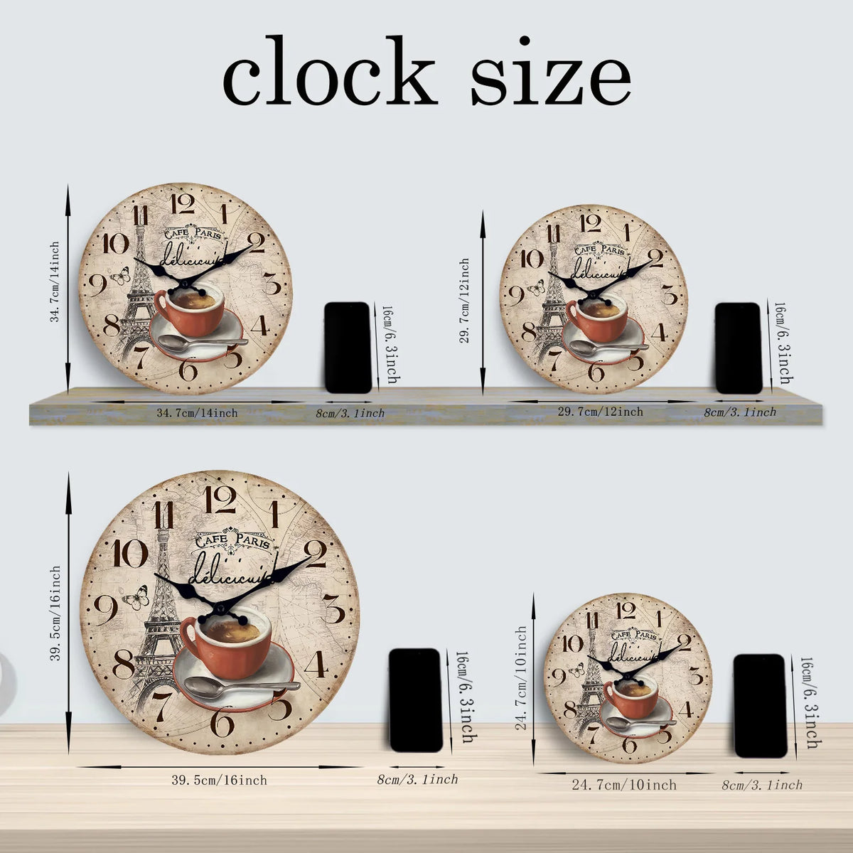 Paris Eiffel Tower Coffee Cup Silent Wall Clock – Wooden Quartz Decor, 10, 12 or 16 Inch