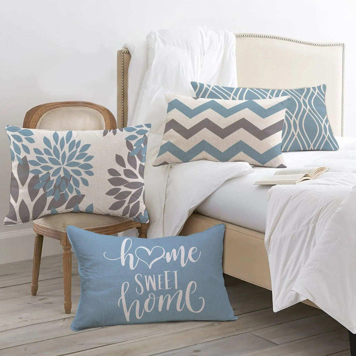 Lake Blue Geometric Linen-Blend Lumbar Pillow Cover – 4 Designs, 2 Sizes
