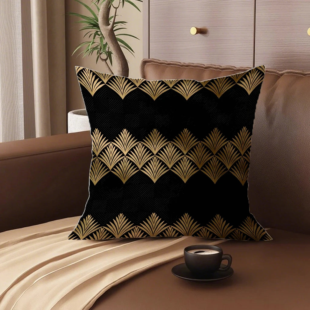 Art Deco Gold-Pattern Polyester Peachskin Pillow Cover – Designs 1–2, 4 Sizes