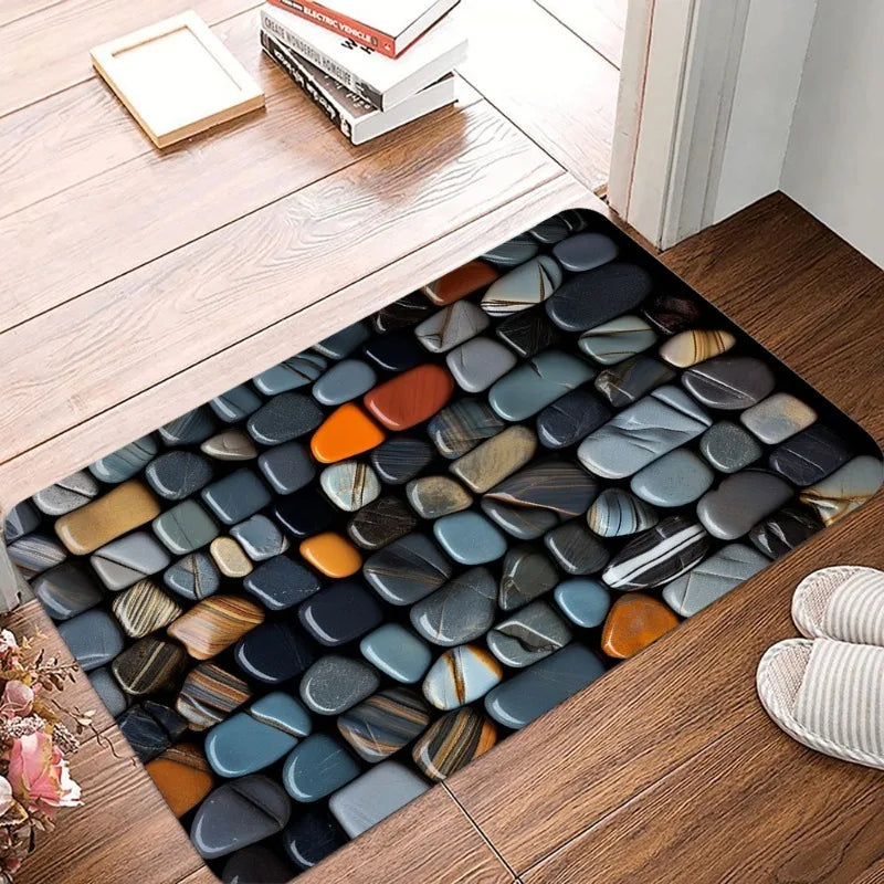 Stone & Floor Tile Print Waterproof Non-Slip Door Mat – Absorbent Quick-Dry Flannel Rug for Indoor & Outdoor Home Use