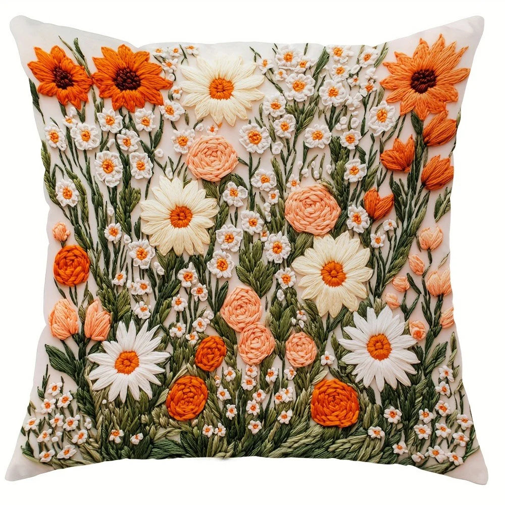 Orange & White Floral 1 Polyester Peachskin Pillow Cover – Flat Print, 15.75–23.62 in Square, 1 Piece