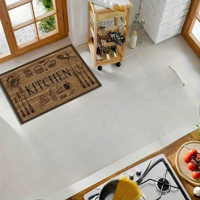 Wood-Grain Kitchenware Pattern Non-Slip Kitchen Rug & Entrance Mat – Soft Washable Polyester