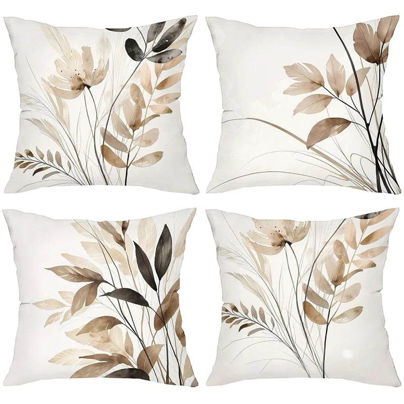 Neutral Botanical Floral Leaf Polyester Pillow Cover – 4 Designs, 4 Sizes