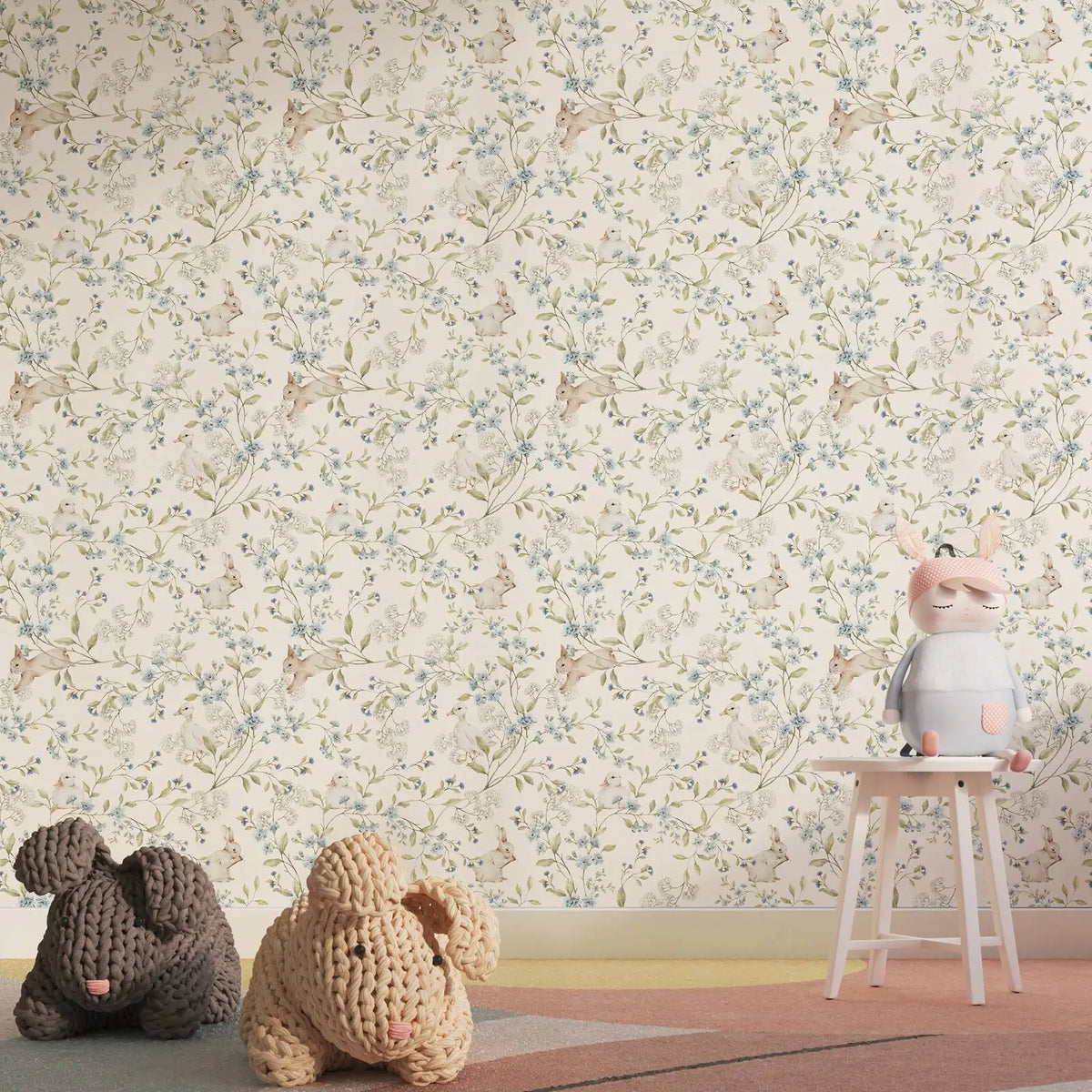 Rabbit & Duck Nursery Traditional or Peel-and-Stick Wallpaper – Cute Animal Wall Mural for Kids’ Rooms