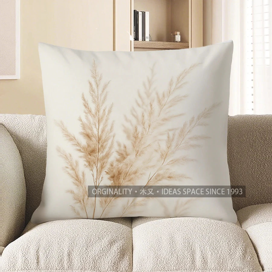 Neutral Pampas Grass Polyester Peachskin Pillow Cover – Design 1, 4 Sizes
