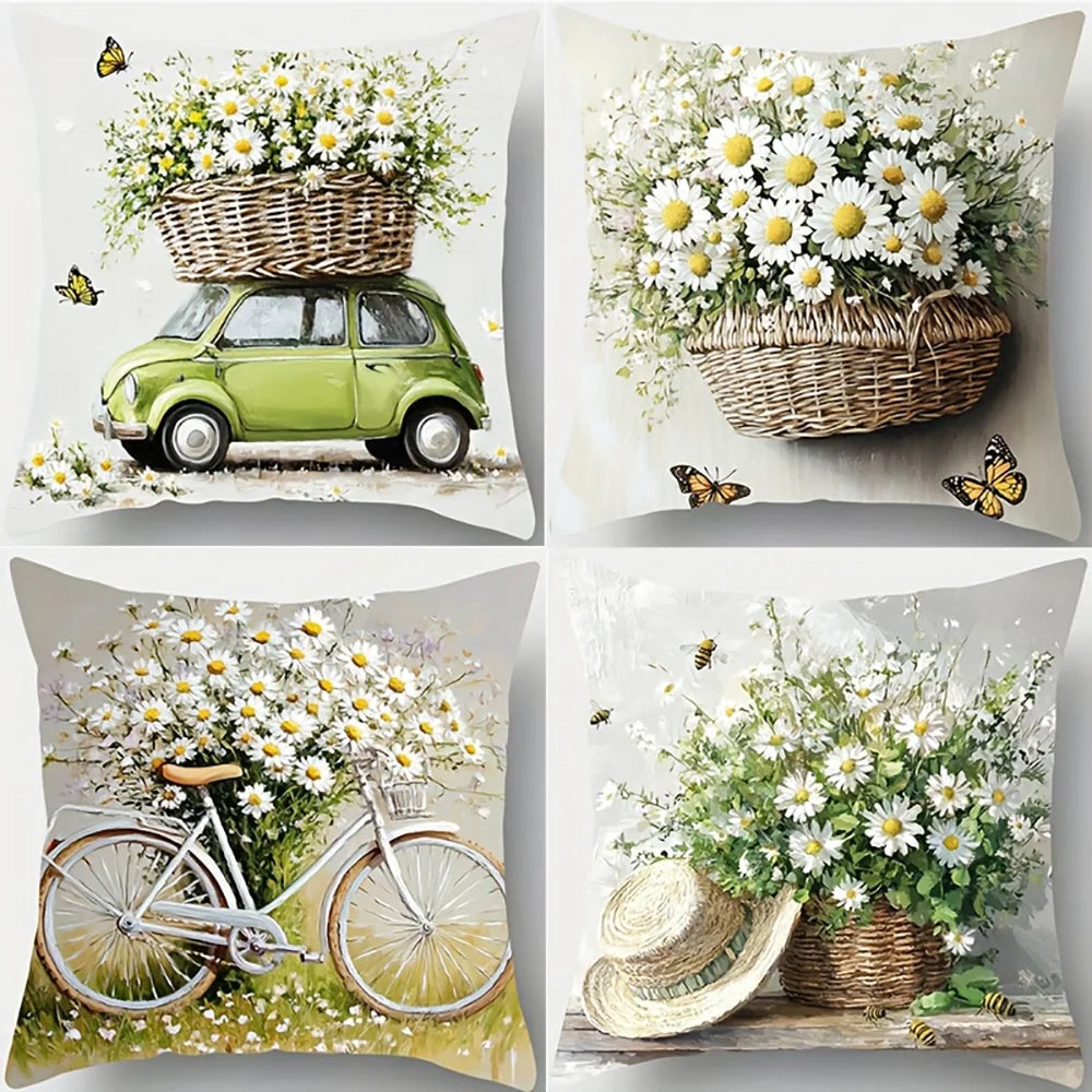 Daisy Scenes Polyester Peachskin Pillow Covers – 15.75–23.62 in Square, Single-Sided Print, Set of 4
