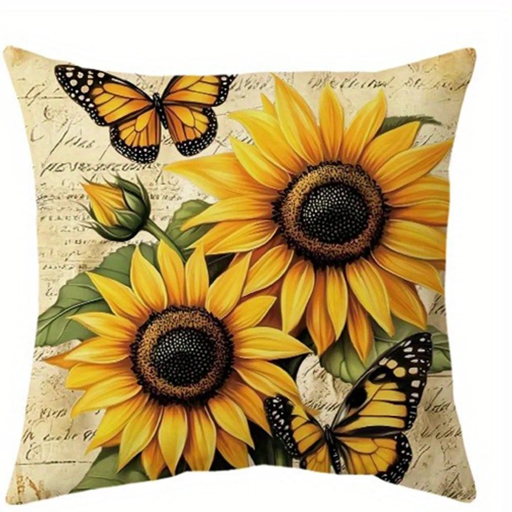Sunflowers & Twin Butterflies Polyester Peachskin Pillow Cover – 15.75–23.62 in Square, 1 Piece