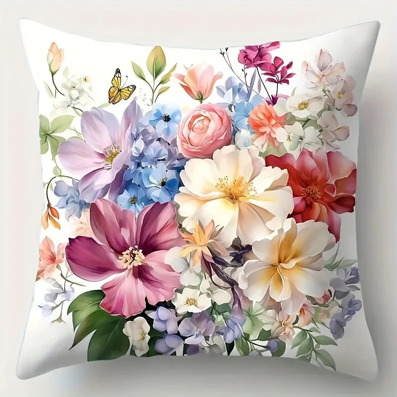 Wildflower and Butterfly Polyester Pillow Cover – Single-Sided Print, 15.75–23.62 in Square, 1 Piece