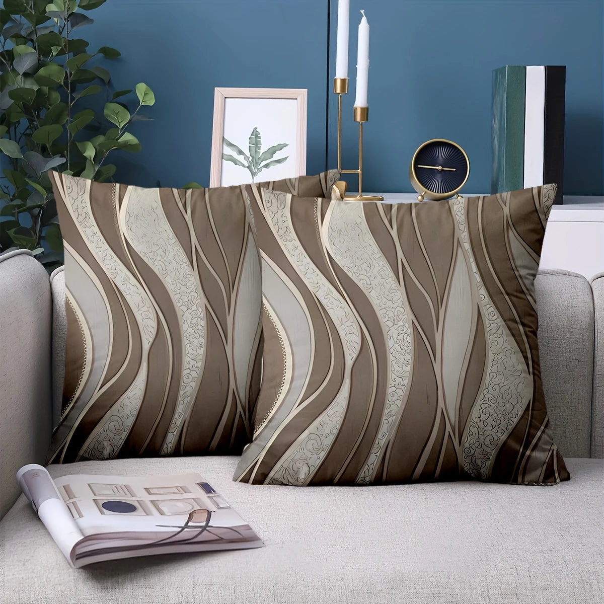 Brown & White Abstract Wave Polyester Pillow Cover – Single-Sided Print, 4 Sizes