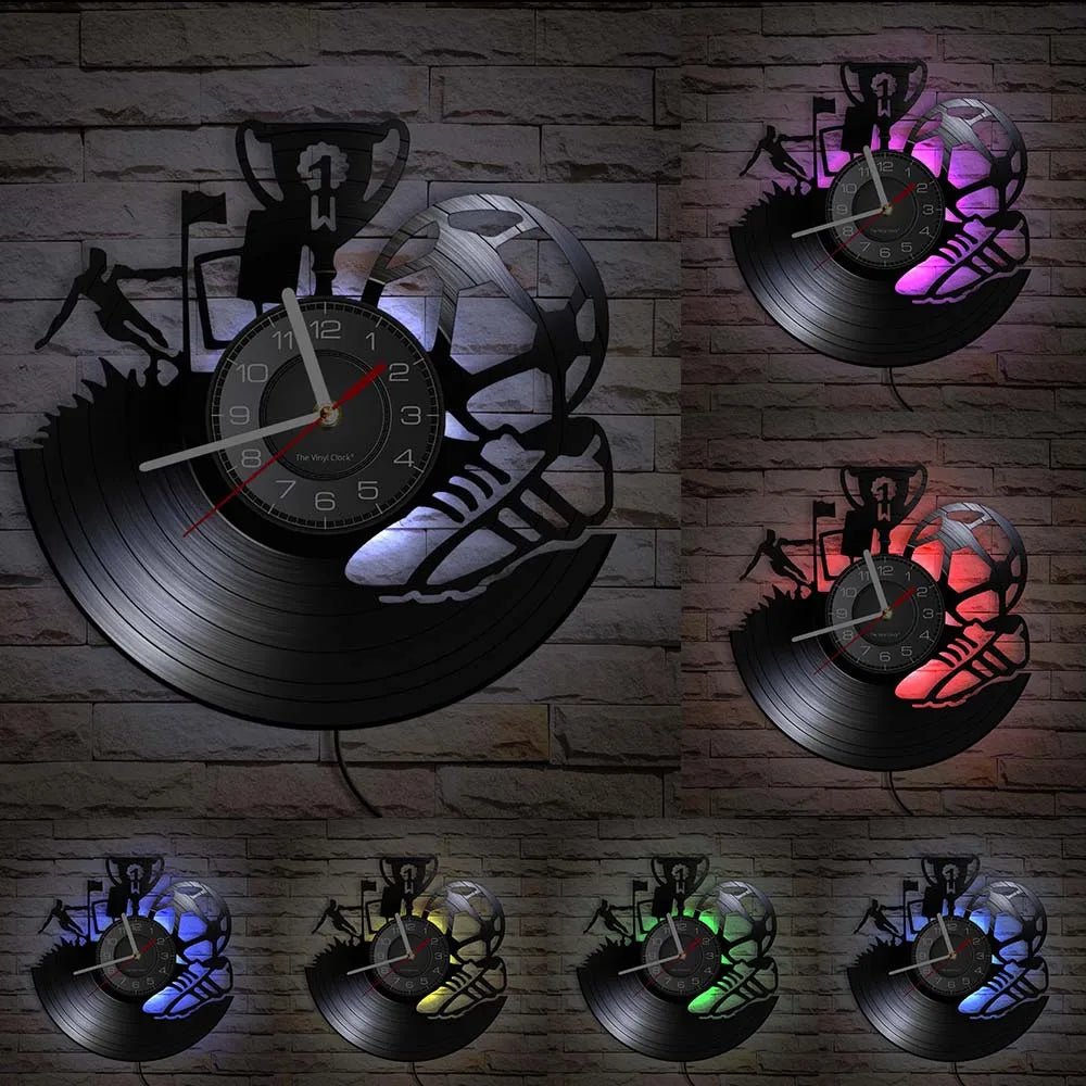 Football Vinyl Record Wall Clock – 30 cm Quartz Decor with Optional LED, Designs 11–14
