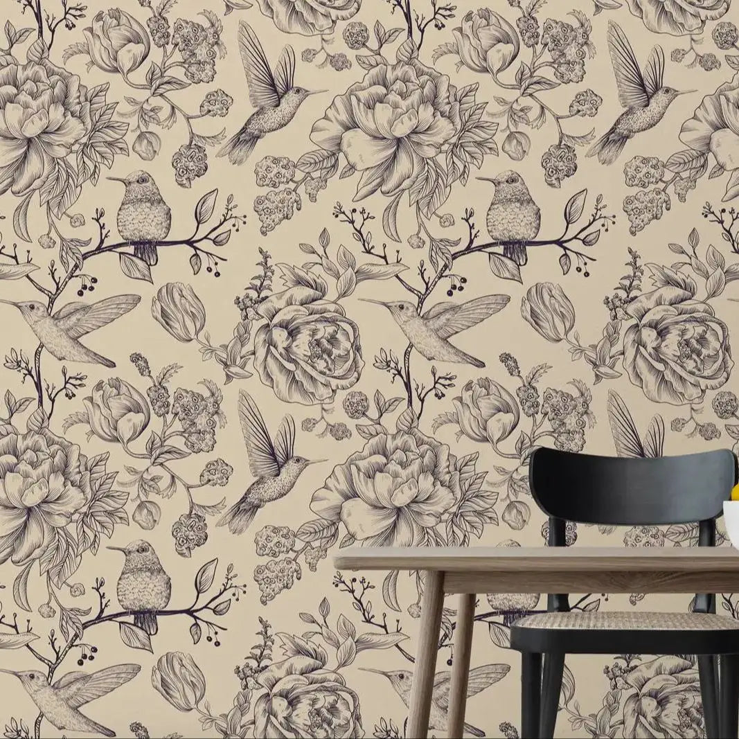 Hummingbird & Floral Traditional or Peel-and-Stick Wallpaper – Vintage Nature Wall Mural, 2-Roll Set