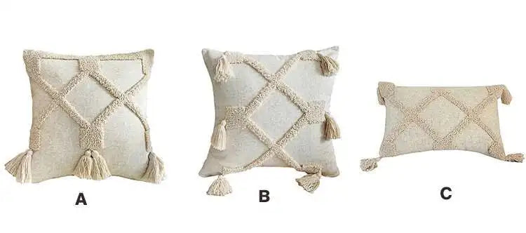 Beige Tufted Tassel Pillow Cover – Geometric Square & Lumbar Designs