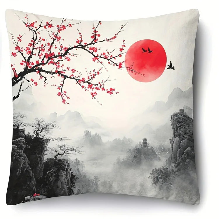 Red Plum Blossom Landscape Polyester Pillow Cover – 17.72–23.62 in Square, Cover Only