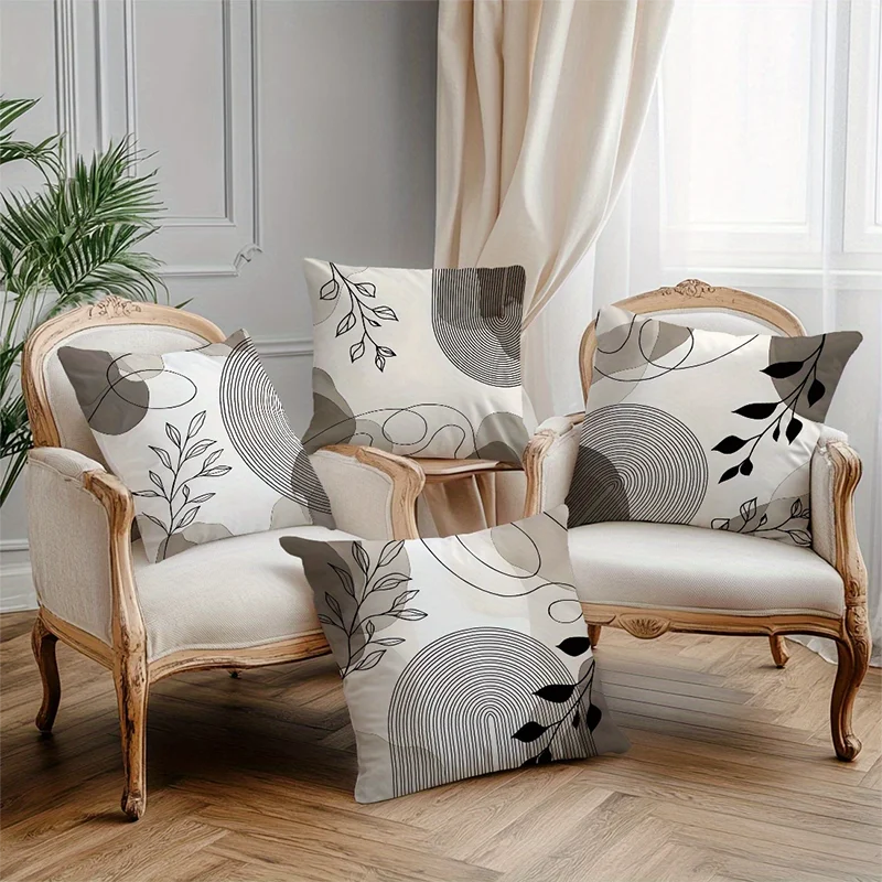 Black Leaf & Circle Polyester Twill Pillow Cover – Designs 1–2, 4 Sizes