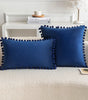 *Blue-Tone Pompom Polyester Velvet Pillow Cover – 17.72 or 19.69 in Square / 11.81 × 19.69 in Lumbar (45 × 45, 50 × 50 or 30 × 50 cm), 1 Piece