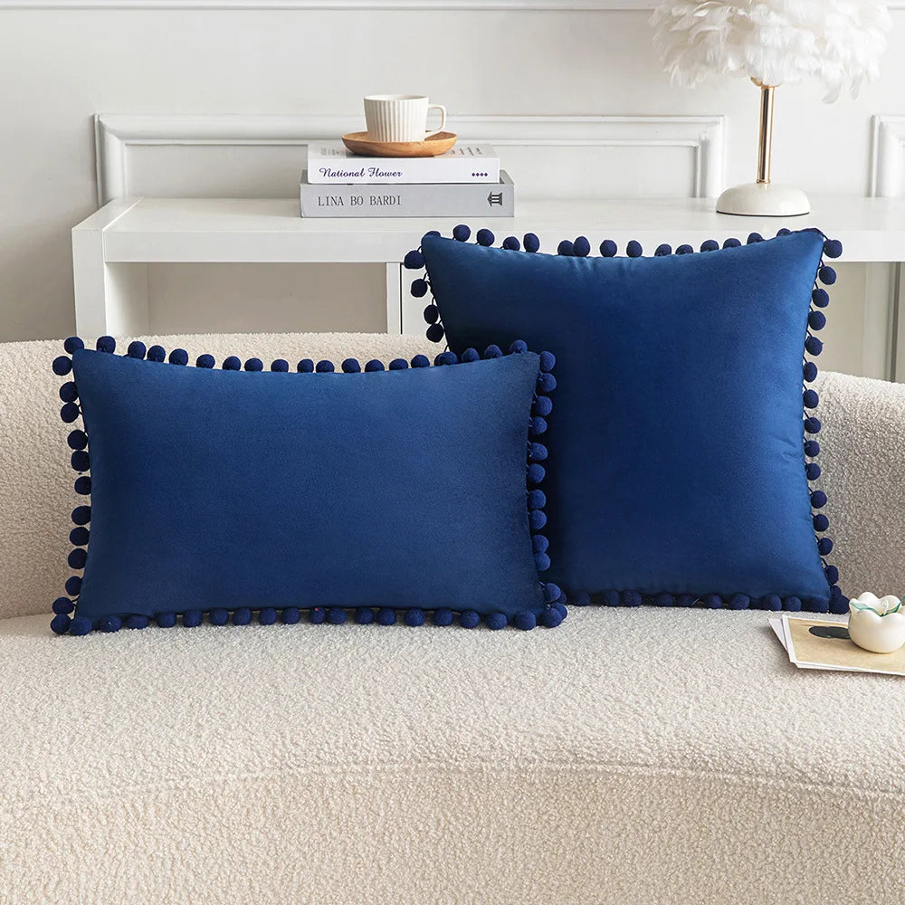 *Blue-Tone Pompom Polyester Velvet Pillow Cover – 17.72 or 19.69 in Square / 11.81 × 19.69 in Lumbar (45 × 45, 50 × 50 or 30 × 50 cm), 1 Piece