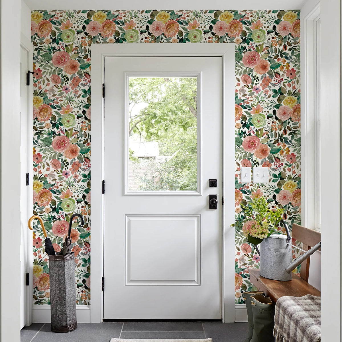Pink Watercolor Floral & Green Leaf Waterproof, Oil-Resistant PVC Peel-and-Stick Wallpaper – Removable for Walls & Furniture