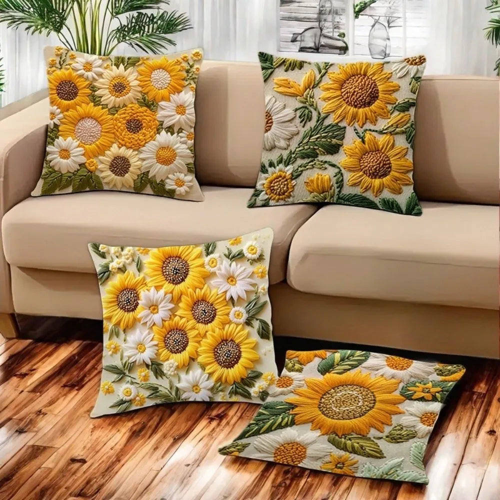 Vintage Sunflower Throw Pillow Cover – Polyester, 17.72 × 17.72 in (45 × 45 cm), Cover Only