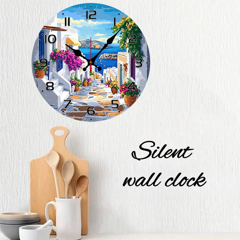 Mediterranean Street Silent Wall Clock – 10-Inch Round Wooden Home Decor