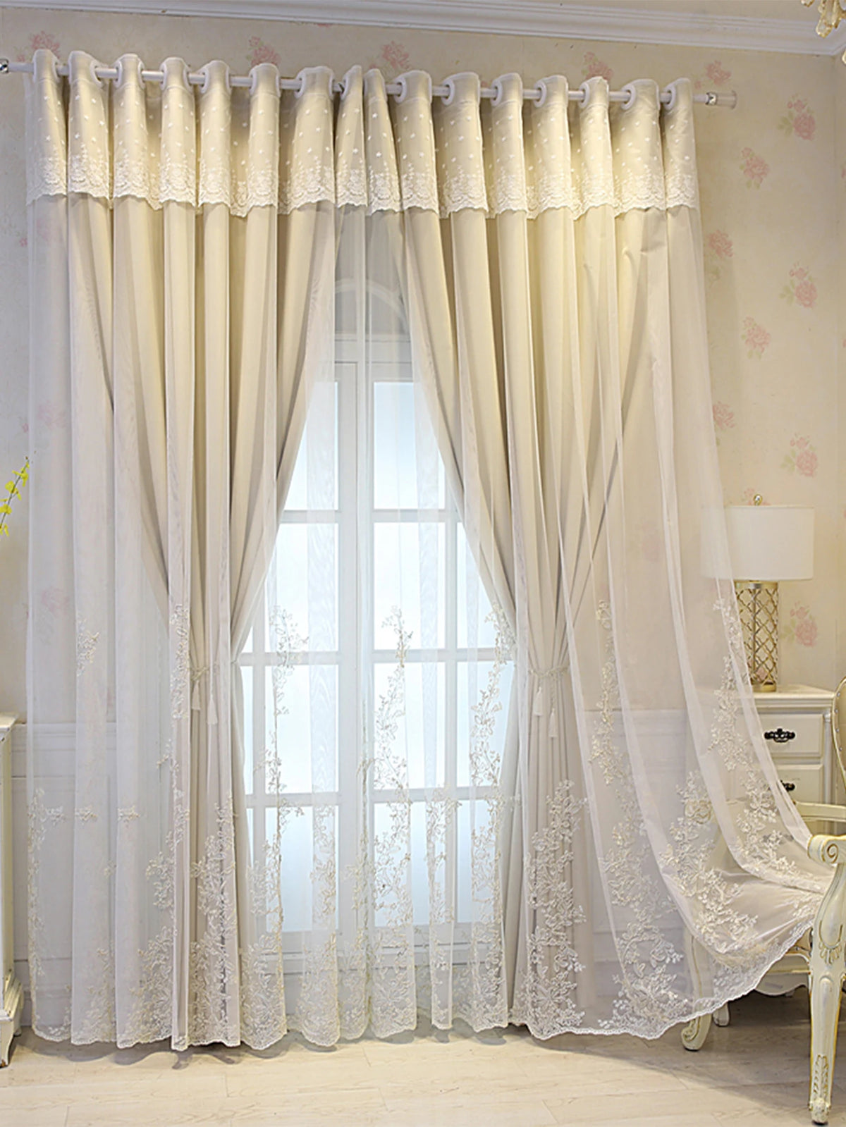 Beige Floral-Embroidered Double-Layer Semi-Light Blocking Curtain Panel – 4 Hanging Styles