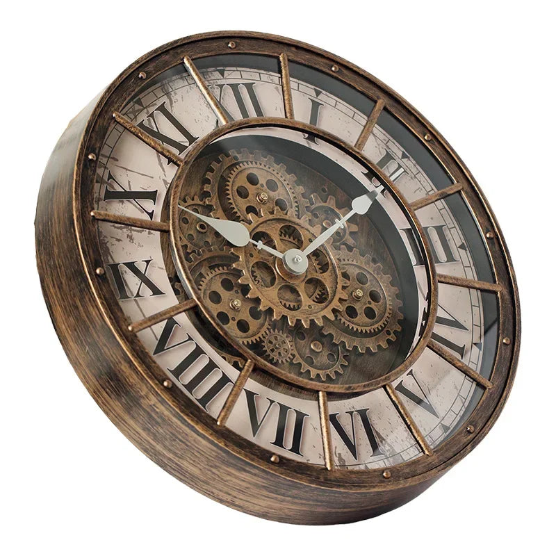 46 cm Moving Gears Wall Clock – Industrial Steampunk Roman Numeral Quartz Decor, 4 Designs