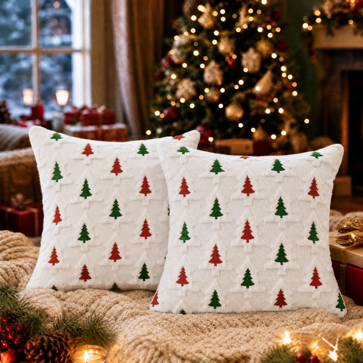 Embroidered Christmas Tree Pillow Covers – Plush Set of 2, 17.72 in