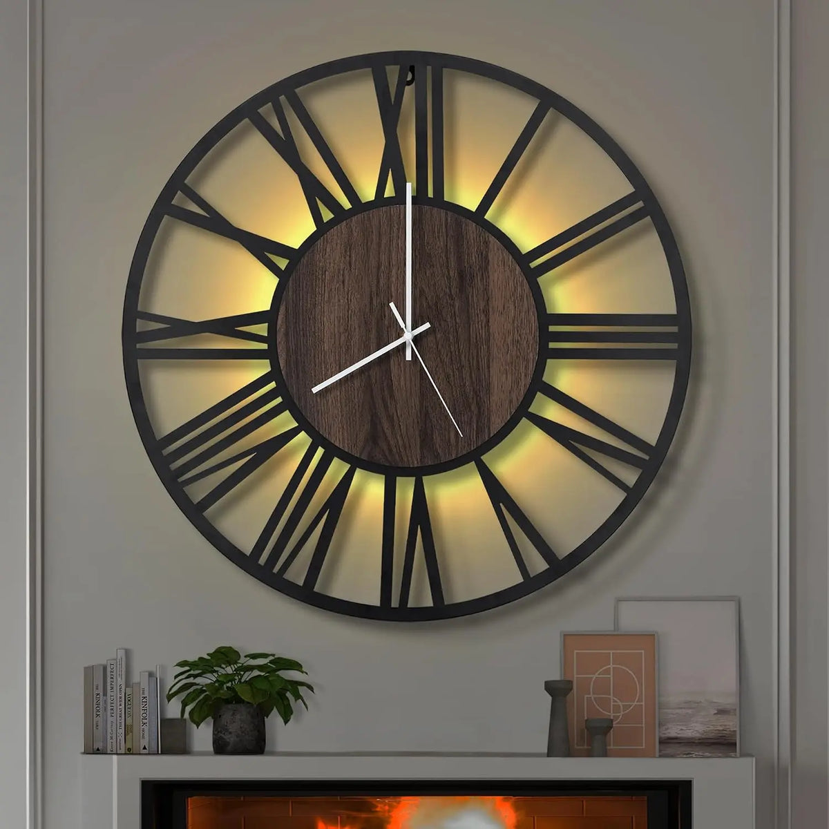 24-Inch LED Roman Numeral Wall Clock – Silent Battery-Operated Wood & Iron Decor