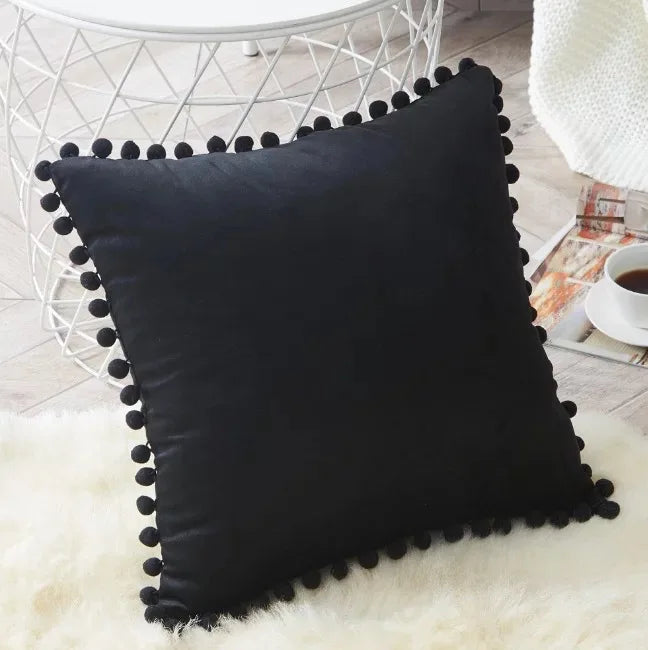 Black or Green Velvet Pom-Pom Throw Pillow Cover, 15.75–19.69 in, Cover Only