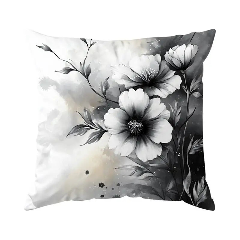 Black & White Floral Polyester Peachskin Pillow Cover – Designs 3–4, 4 Sizes