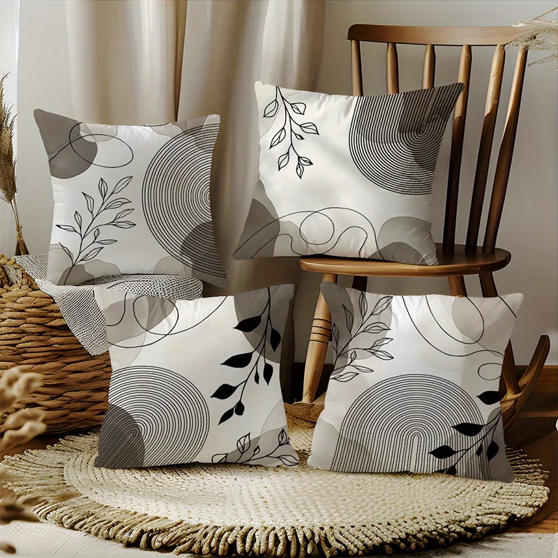Black Leaf & Circle Polyester Twill Pillow Cover – Designs 1–2, 4 Sizes
