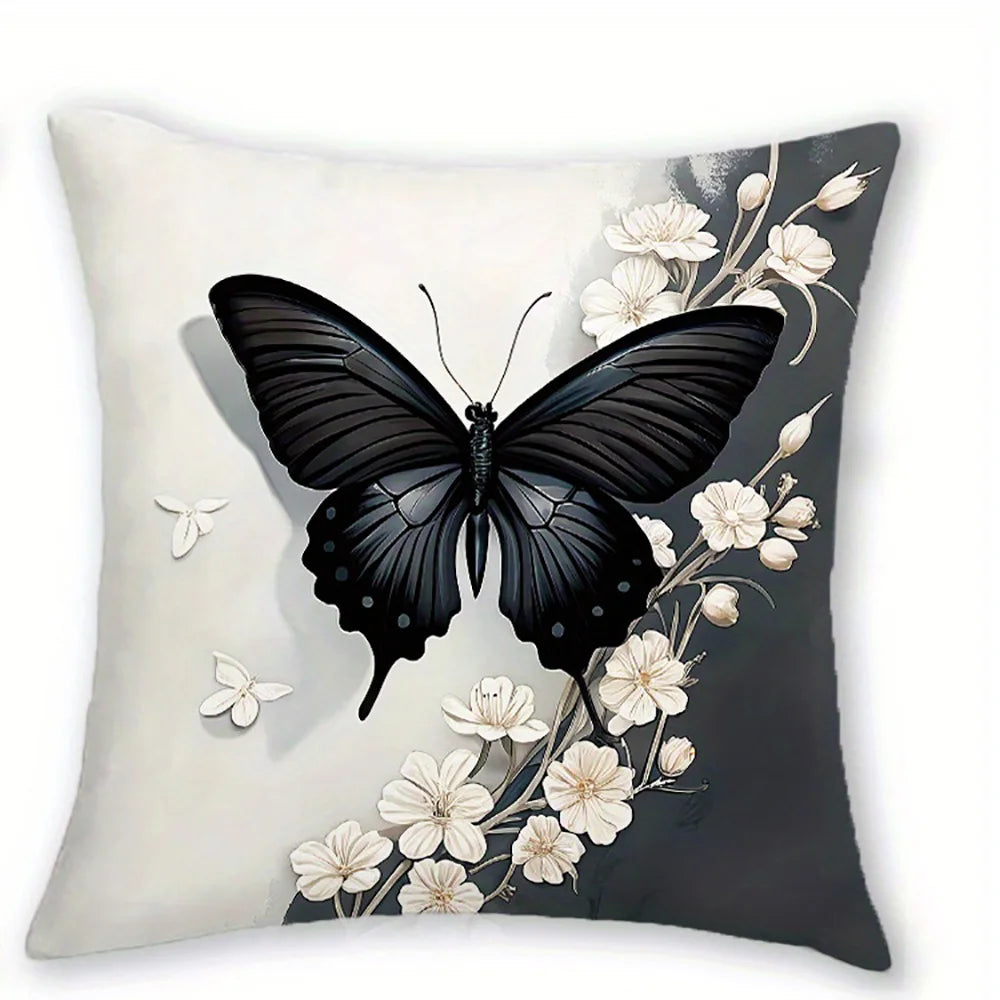 Black Butterfly Floral Polyester Pillow Covers – 1-Piece or 4-Piece Set, 40–45 cm