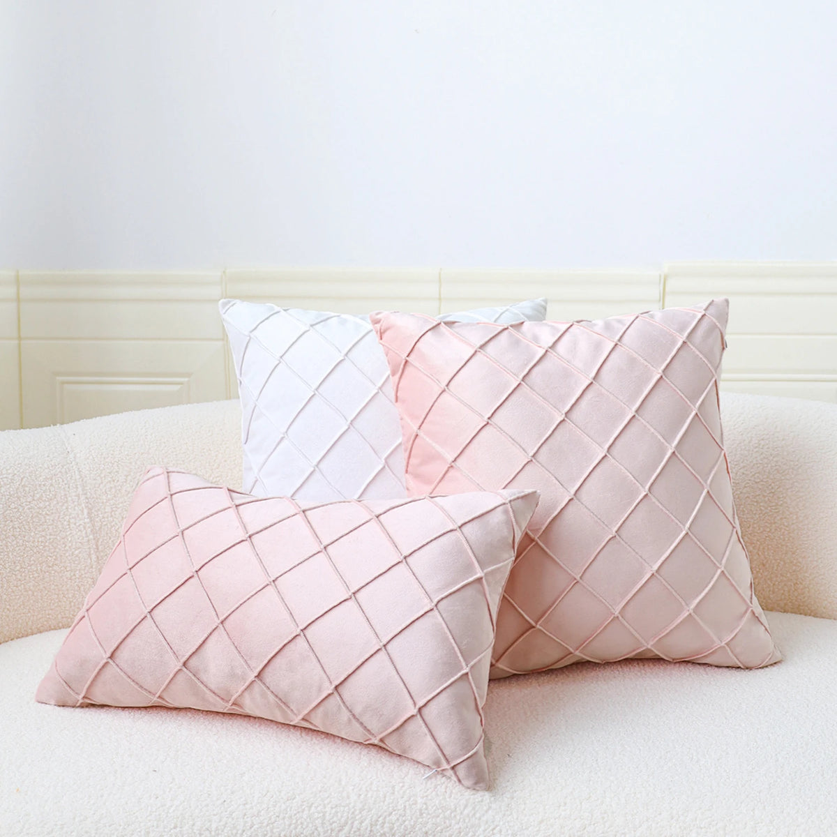 Light Pink & White Velvet Throw Pillow Cover – Raised Diamond Pattern