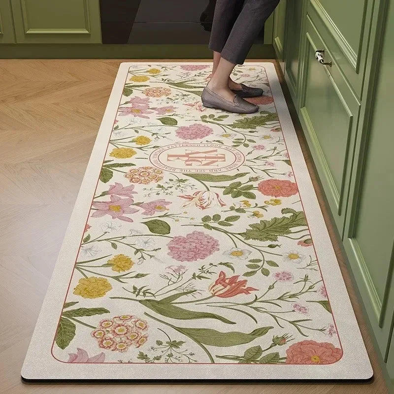 Soft Flannel Kitchen Runner & Entrance Rug – Absorbent Non-Slip Floor Mat in Floral & Grey Designs