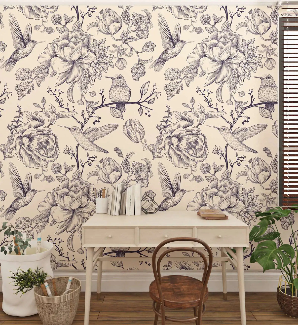 Hummingbird & Floral Traditional or Peel-and-Stick Wallpaper – Vintage Nature Wall Mural, 2-Roll Set