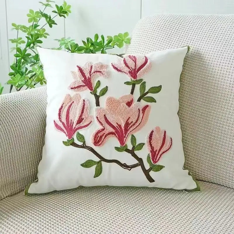 Pink Blossom Branch Embroidered Polyester/Cotton Pillow Cover – 17.72 × 17.72 in (45 × 45 cm)