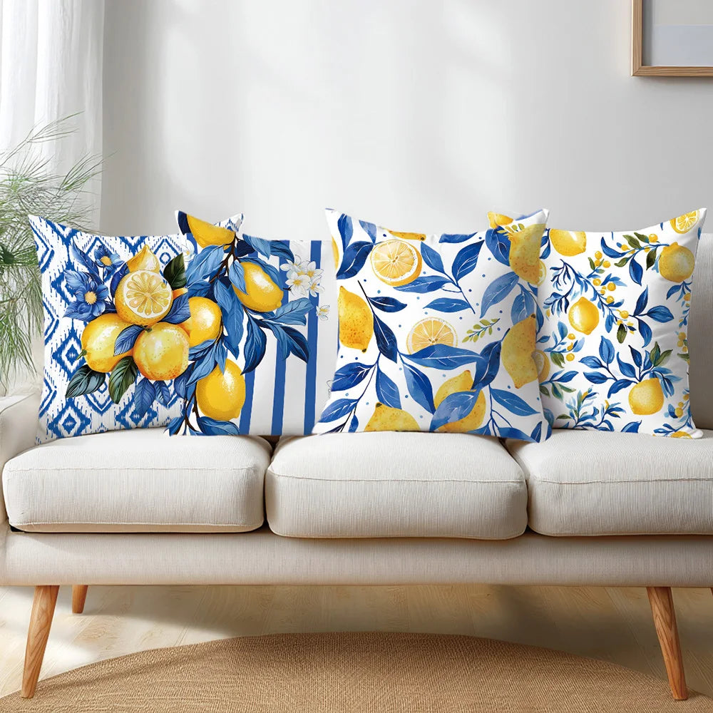 Coastal Lemon Polyester Pillow Covers, Set of 4 – 15.75, 17.72, 19.69 or 23.62 in Square (40, 45, 50 or 60 cm)