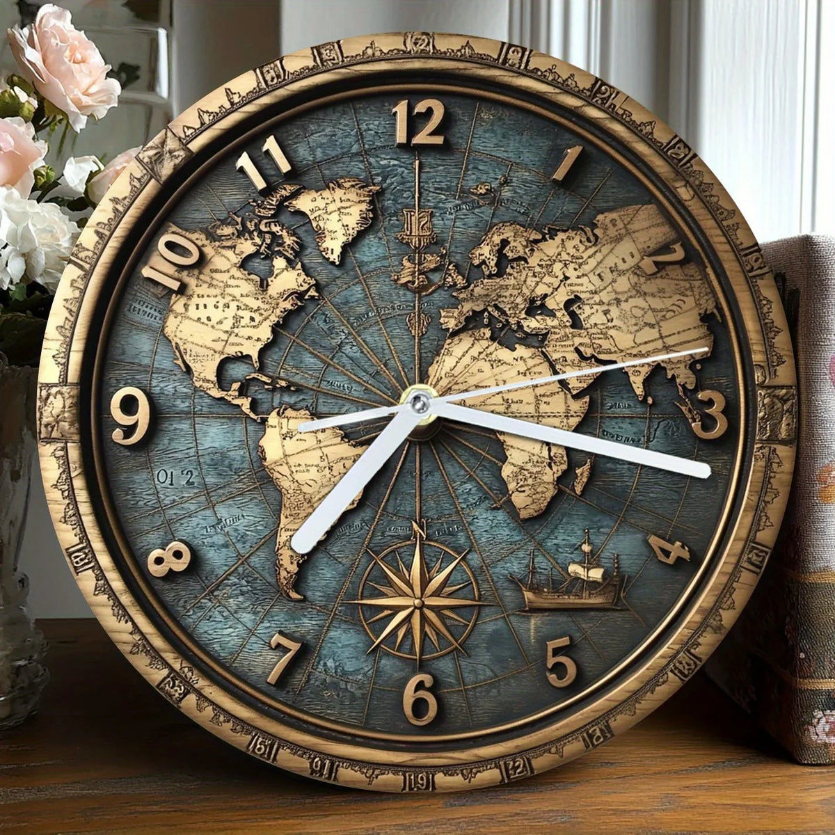 Vintage World Map Silent Wall Clock – Round Wood or Acrylic Quartz Decor, 2 Sizes