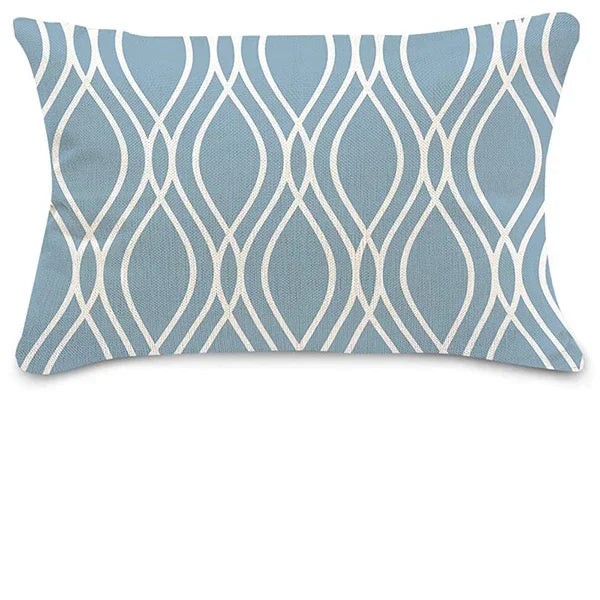 Lake Blue Geometric Linen-Blend Lumbar Pillow Cover – 4 Designs, 2 Sizes