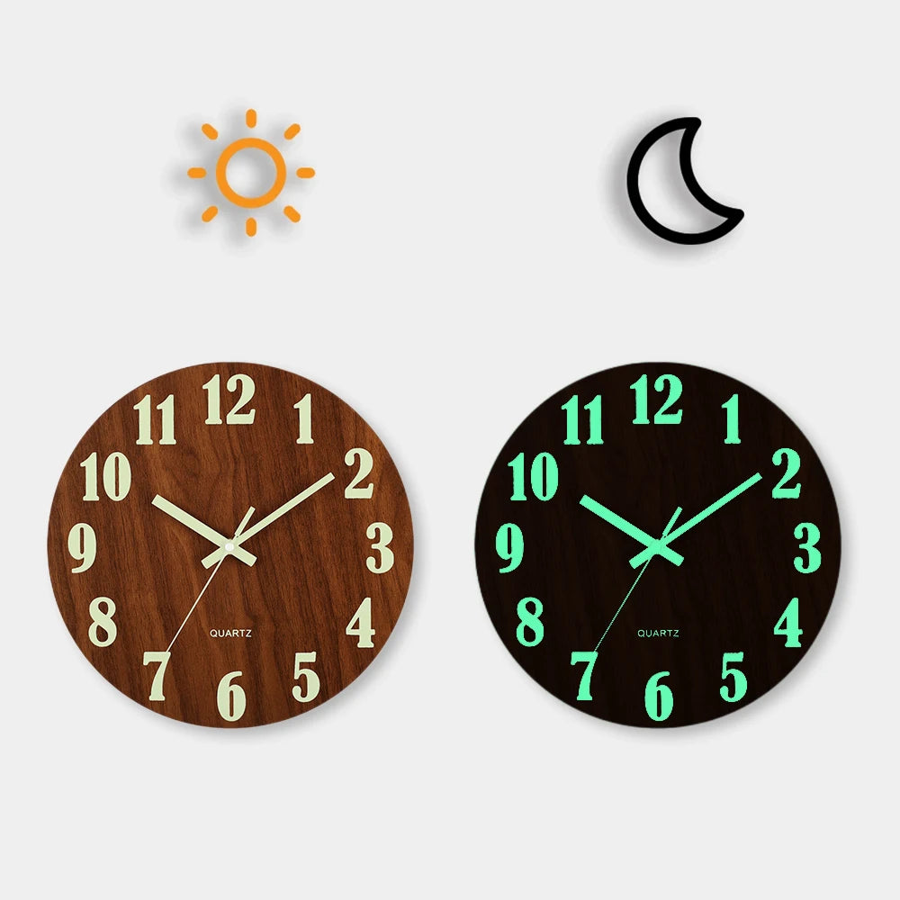 12'' Luminous Wall Clock, Silent Non-Ticking Wooden Clock with Glow-in-the-Dark Numbers, Nordic Style Night Light Wall Clock