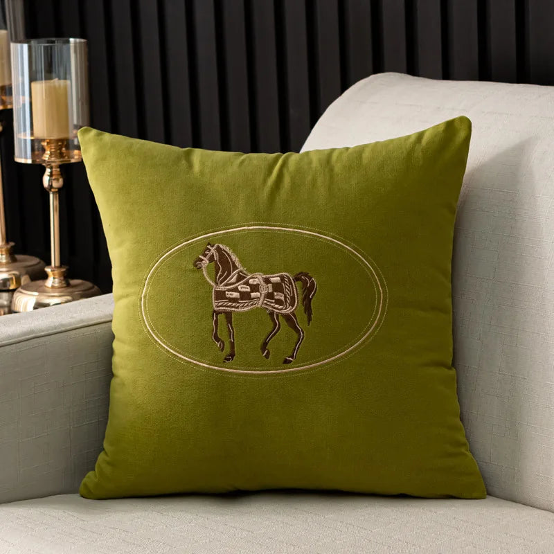 Olive Green Embroidered Horse Polyester/Cotton Pillow Cover – 17.72 × 17.72 in (45 × 45 cm), 1 Piece