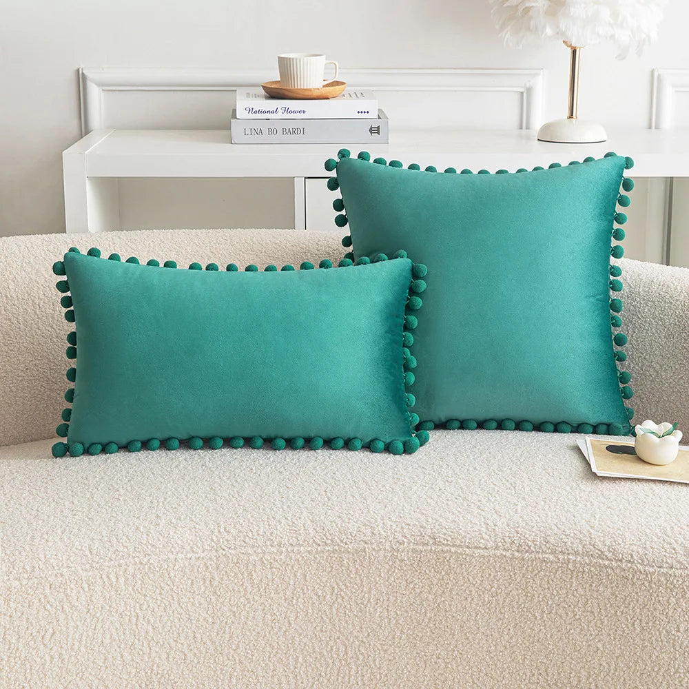 *Green & Turquoise Pompom Polyester Velvet Pillow Cover – 17.72 or 19.69 in Square / 11.81 × 19.69 in Lumbar (45 × 45, 50 × 50 or 30 × 50 cm), 1 Piece